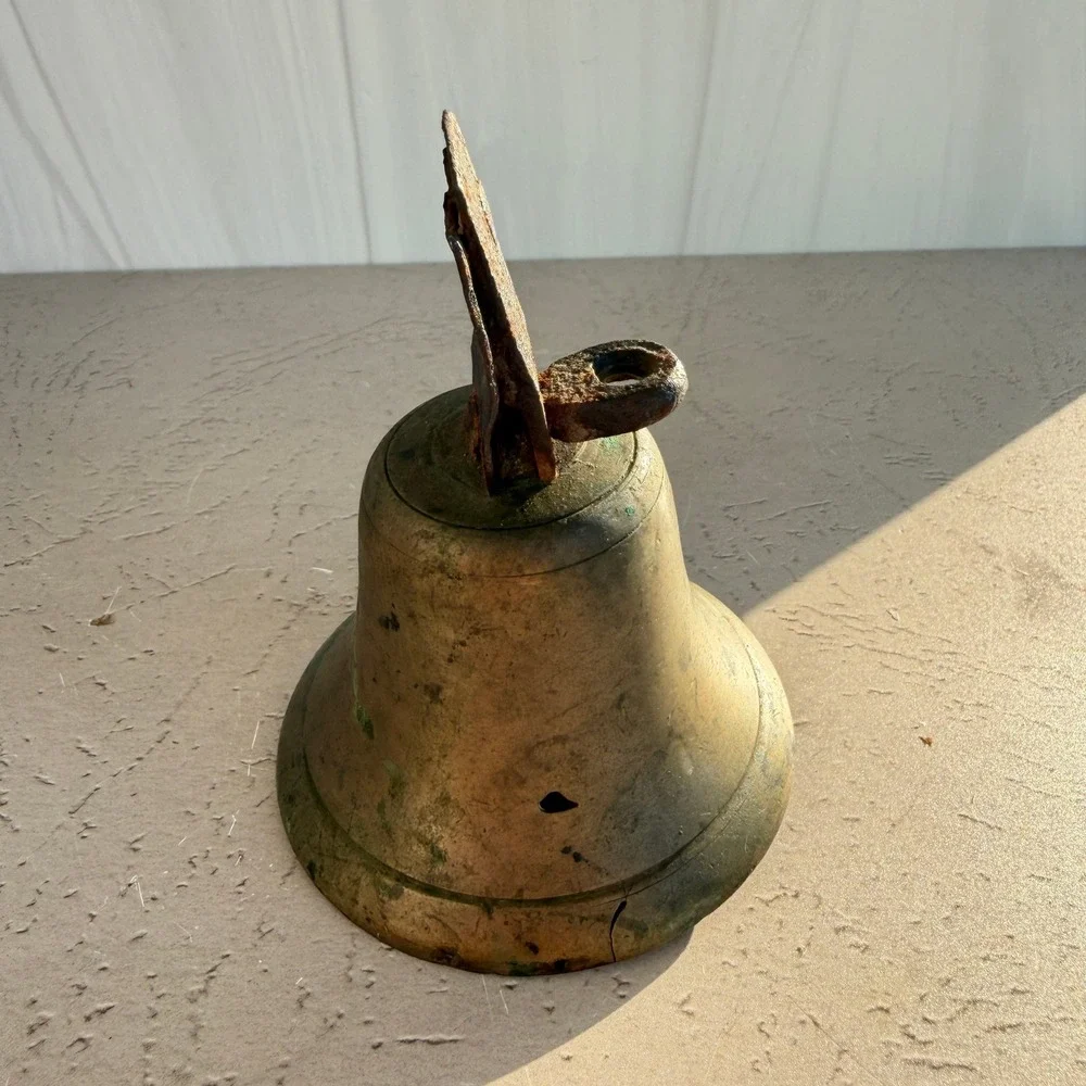 Antique Brass Bell with Iron Mount and Clapper Rustic Aged Patina 3.75 Inch